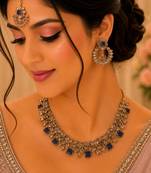 Purple color necklace set with earrings and maang tikka     agate stone, antique gold plating