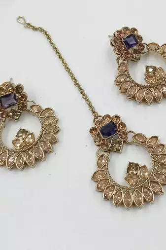 Purple color necklace set with earrings and maang tikka     agate stone, antique gold plating