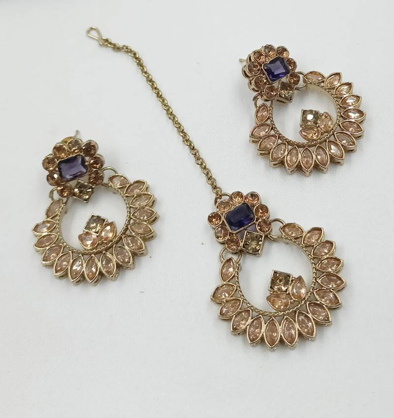 Purple color necklace set with earrings and maang tikka     agate stone, antique gold plating