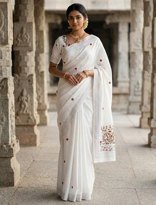 White floral embroidered silk blend designer tussar saree 1
