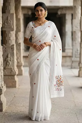 White floral embroidered silk blend designer tussar saree