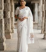 White floral embroidered silk blend designer tussar saree