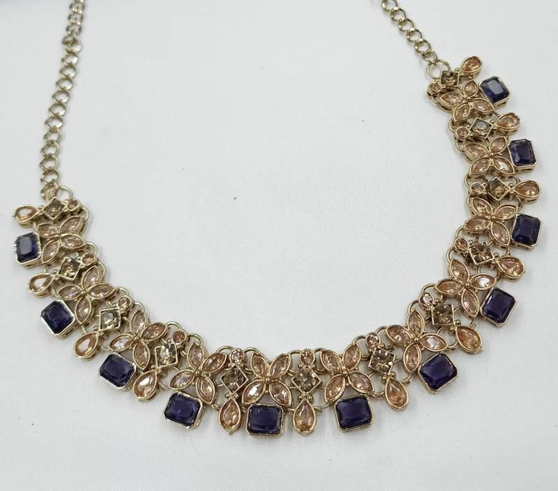 Purple color necklace set with earrings and maang tikka     agate stone, antique gold plating