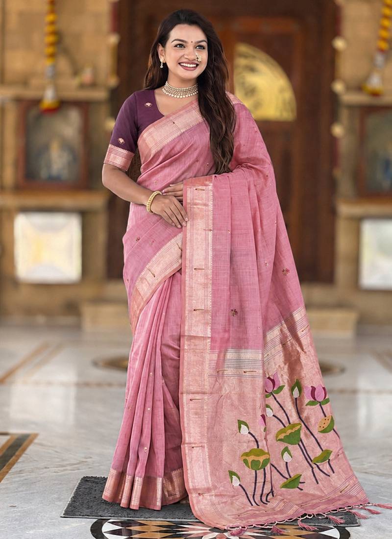 Pink cotton silk saree with colorful floral weaving pallu with blouse