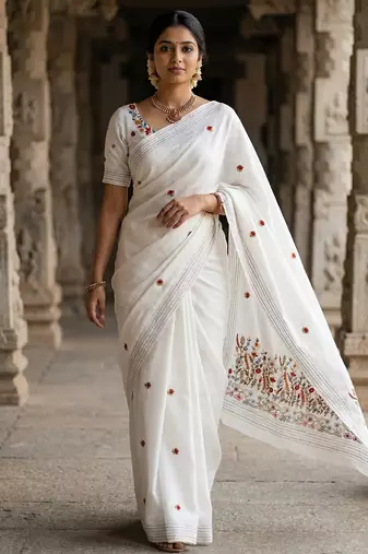 White floral embroidered silk blend designer tussar saree