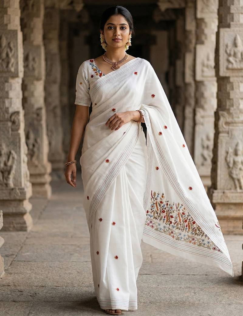 White floral embroidered silk blend designer tussar saree