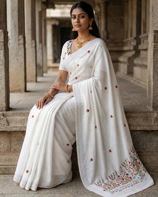 White floral embroidered silk blend designer tussar saree 3