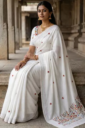 White floral embroidered silk blend designer tussar saree