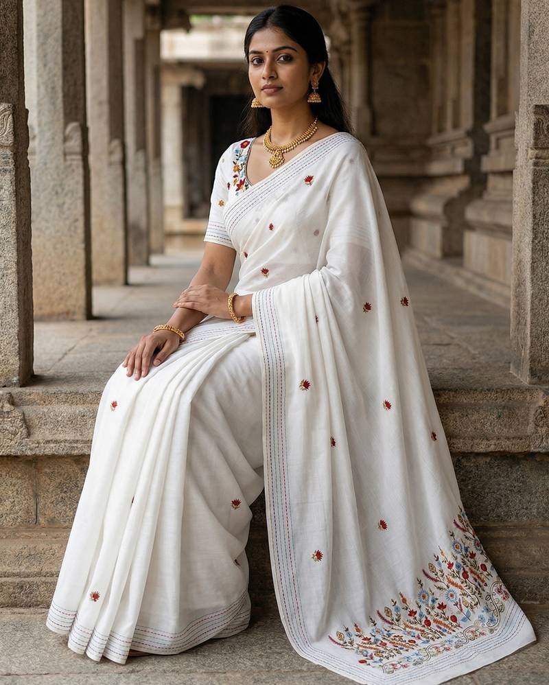 White floral embroidered silk blend designer tussar saree