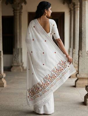White floral embroidered silk blend designer tussar saree 4