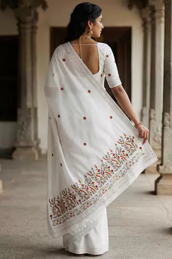 White floral embroidered silk blend designer tussar saree