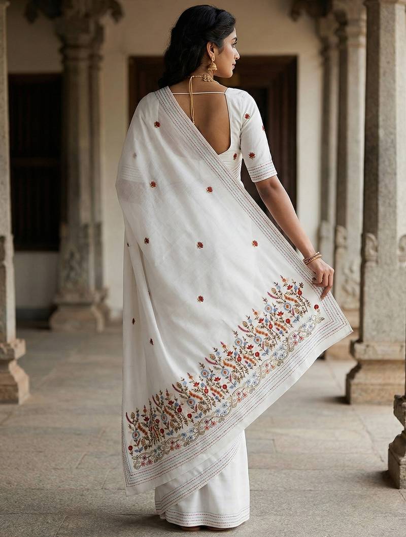 White floral embroidered silk blend designer tussar saree