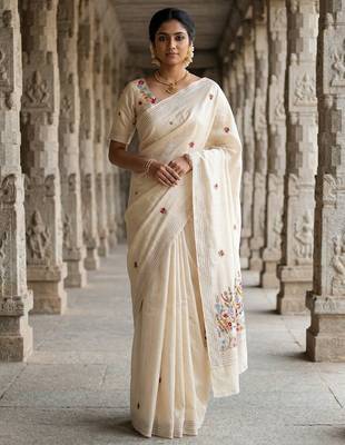 Cream floral embroidered silk blend designer tussar saree 1