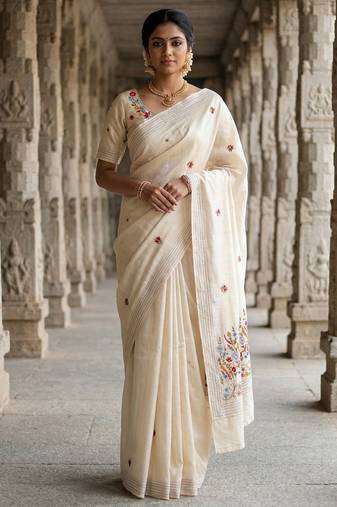 Cream floral embroidered silk blend designer tussar saree