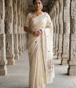 Cream floral embroidered silk blend designer tussar saree