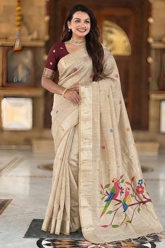 Cream cotton silk saree with traditional bird motifs pallu with blouse