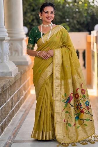 Light mehendi green cotton silk saree with traditional bird motifs pallu with blouse