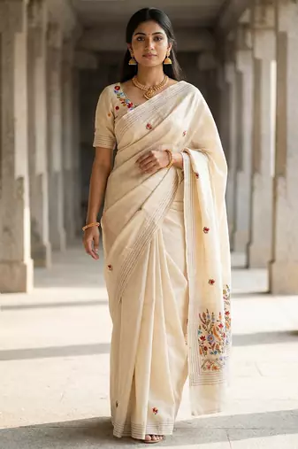 Cream floral embroidered silk blend designer tussar saree