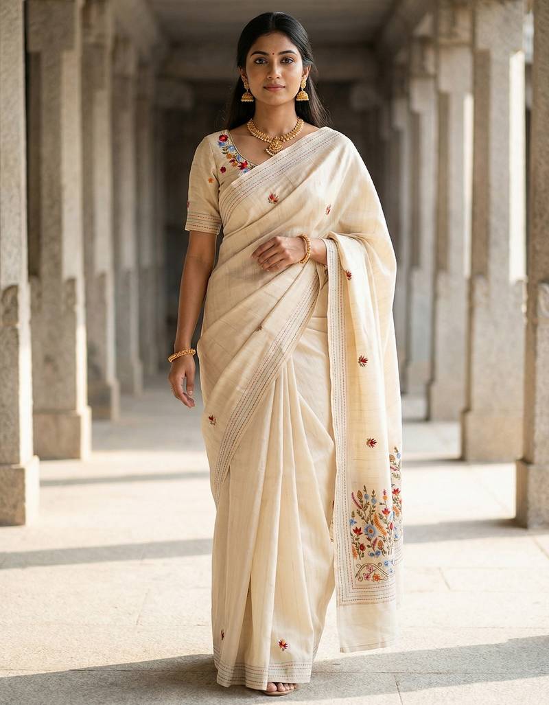 Cream floral embroidered silk blend designer tussar saree