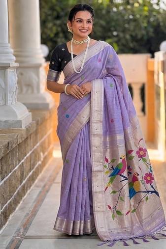 Lavender cotton silk saree with traditional bird motifs pallu with blouse