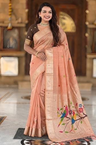 Peach cotton silk saree with traditional bird motifs pallu with blouse