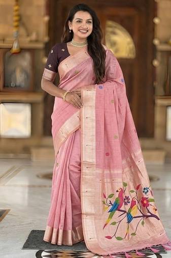 Pink cotton silk saree with traditional bird motifs pallu with blouse