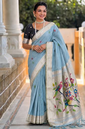 Skyblue cotton silk saree with traditional bird motifs pallu with blouse