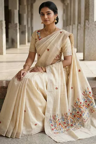 Cream floral embroidered silk blend designer tussar saree