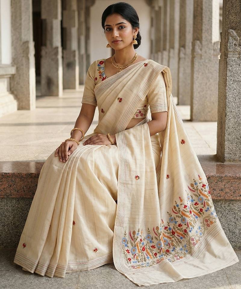 Cream floral embroidered silk blend designer tussar saree