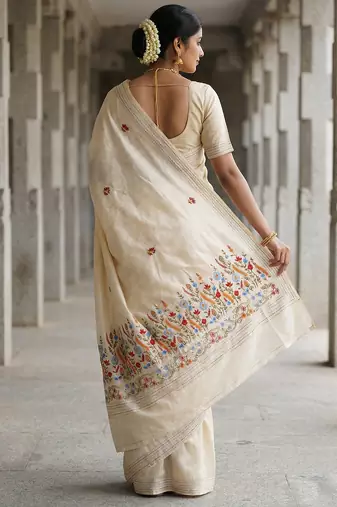 Cream floral embroidered silk blend designer tussar saree
