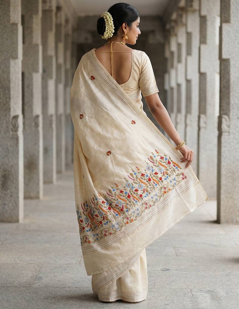 Cream floral embroidered silk blend designer tussar saree