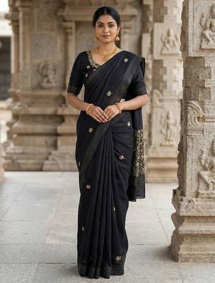 Black pure matka silk floral butti embroidery silk saree 1