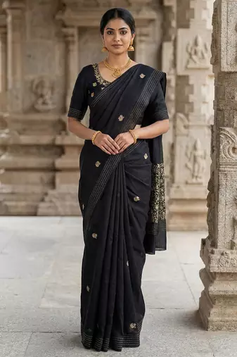 Black pure matka silk floral butti embroidery silk saree