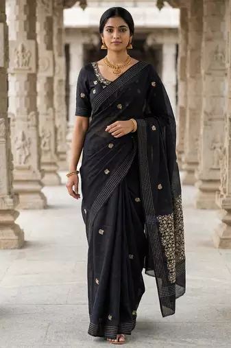 Black pure matka silk floral butti embroidery silk saree