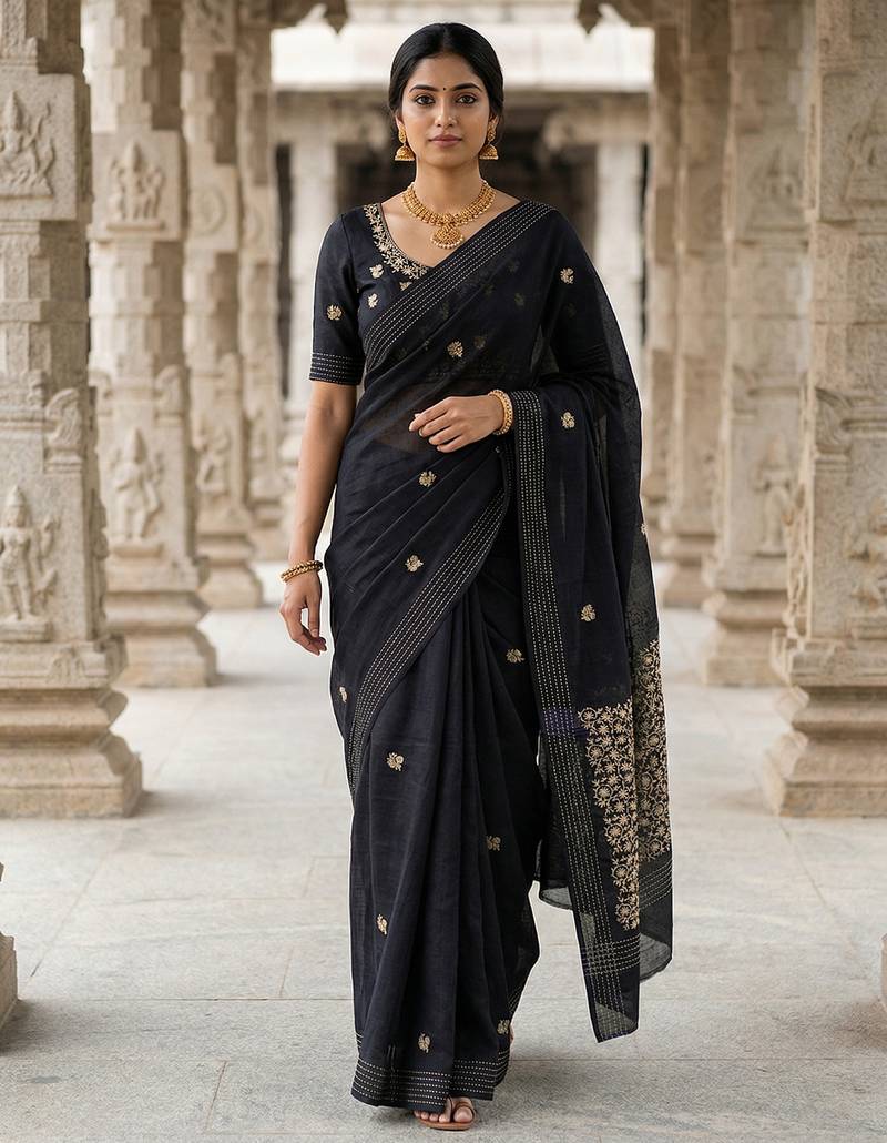 Black pure matka silk floral butti embroidery silk saree
