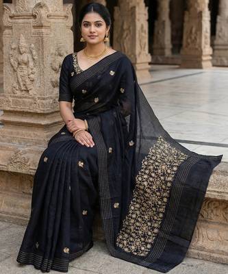 Black pure matka silk floral butti embroidery silk saree 3