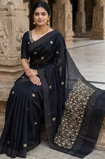 Black pure matka silk floral butti embroidery silk saree