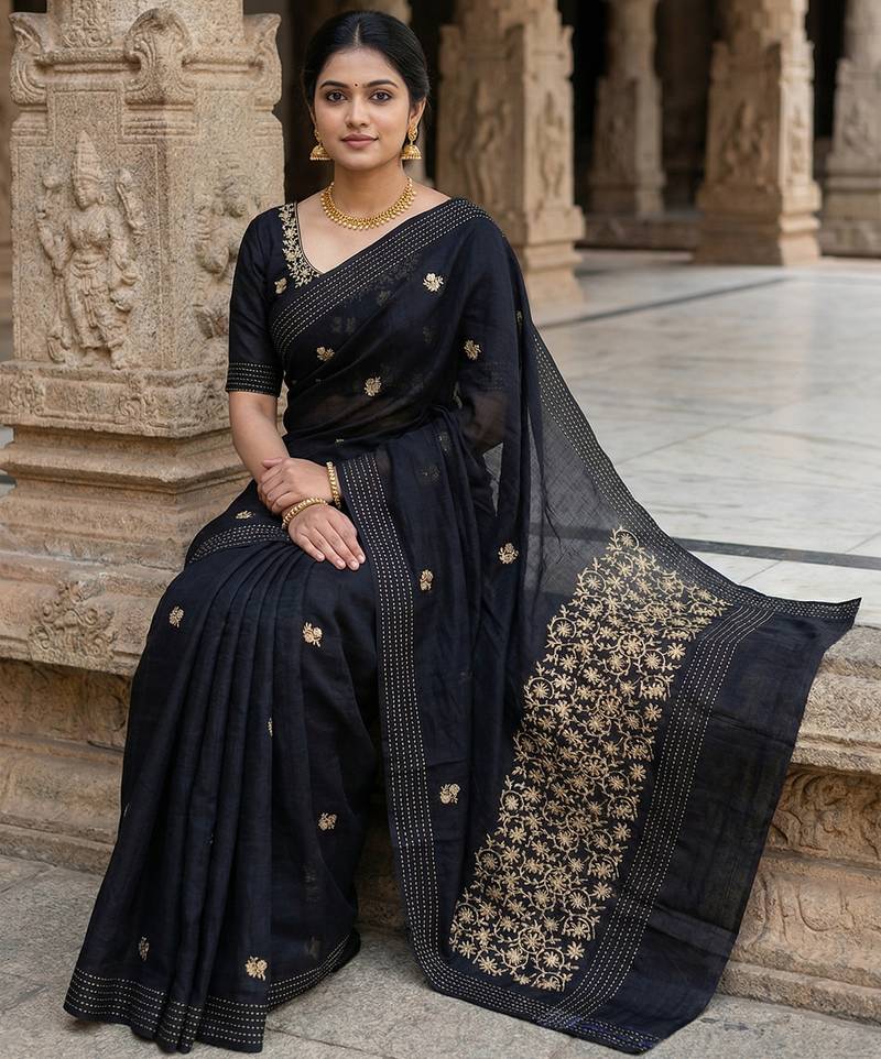 Black pure matka silk floral butti embroidery silk saree