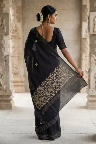 Black pure matka silk floral butti embroidery silk saree