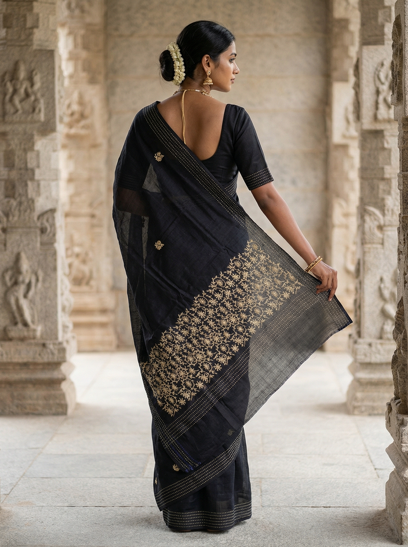 Black pure matka silk floral butti embroidery silk saree