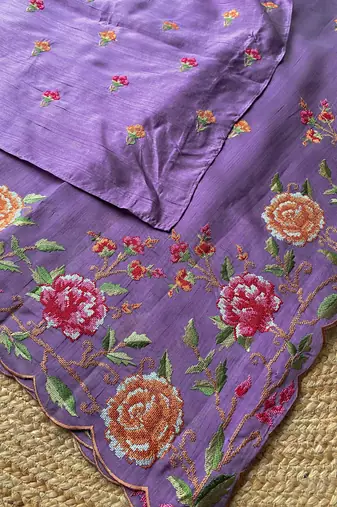 Lavender matka silk saree with heavy floral embroidery border with running blouse