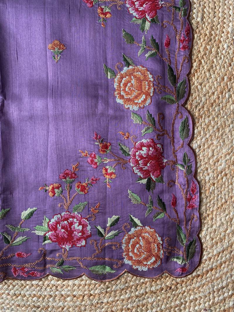 Lavender matka silk saree with heavy floral embroidery border with running blouse