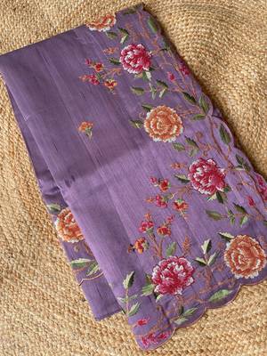 Lavender matka silk saree with heavy floral embroidery border with running blouse 3