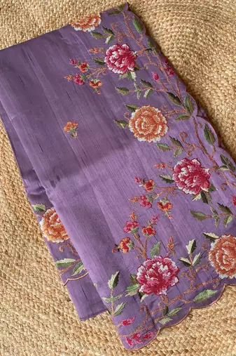 Lavender matka silk saree with heavy floral embroidery border with running blouse