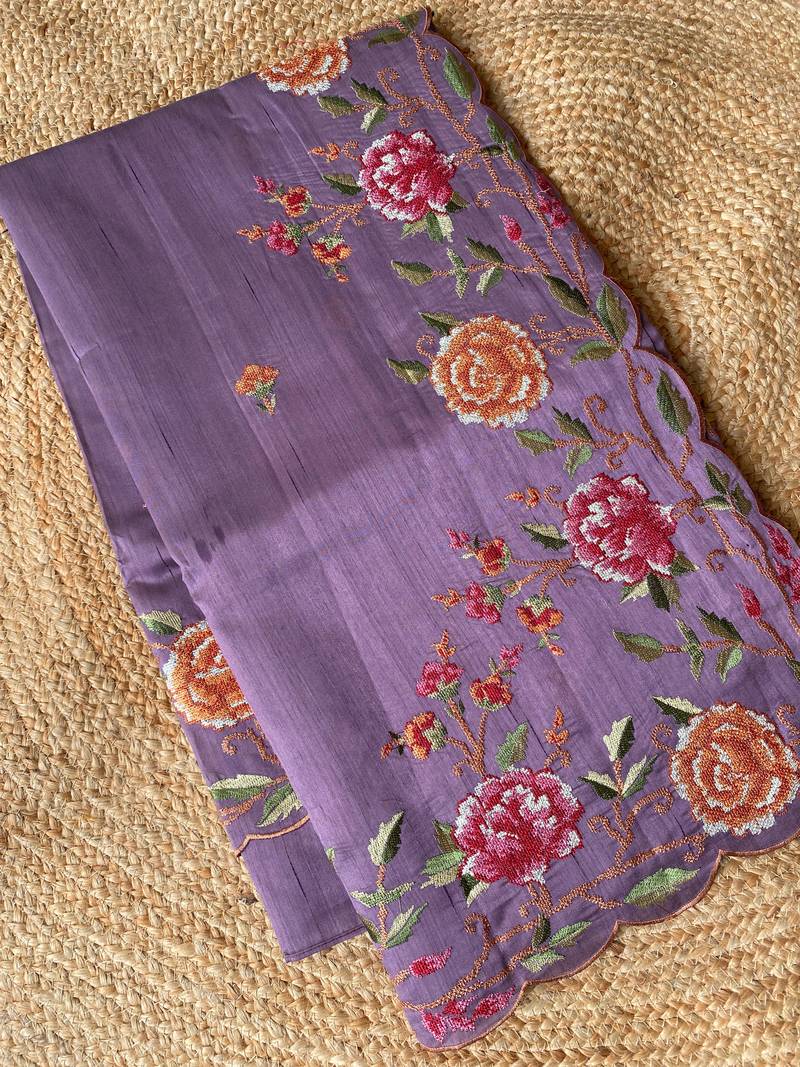 Lavender matka silk saree with heavy floral embroidery border with running blouse