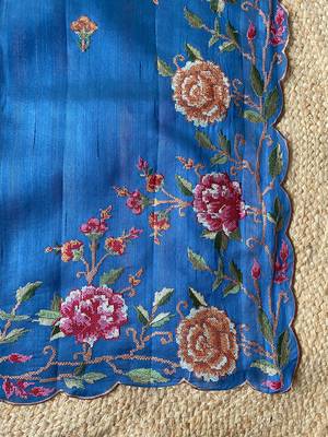 Blue matka silk saree with heavy floral embroidery border with running blouse 2