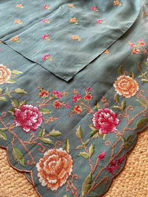 Sea-green matka silk saree with heavy floral embroidery border with running blouse 1