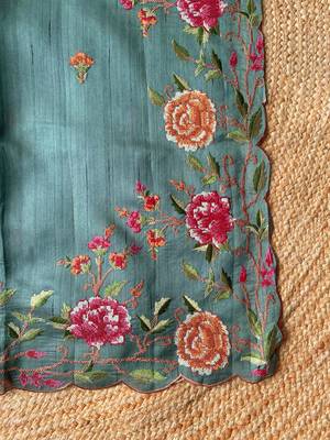 Sea-green matka silk saree with heavy floral embroidery border with running blouse 2