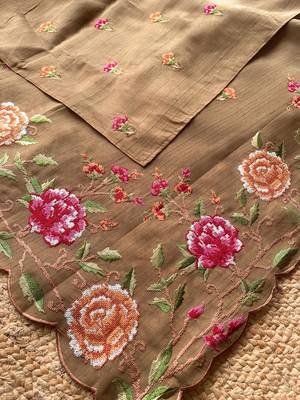 Brown matka silk saree with heavy floral embroidery border with running blouse 1