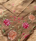 Brown matka silk saree with heavy floral embroidery border with running blouse